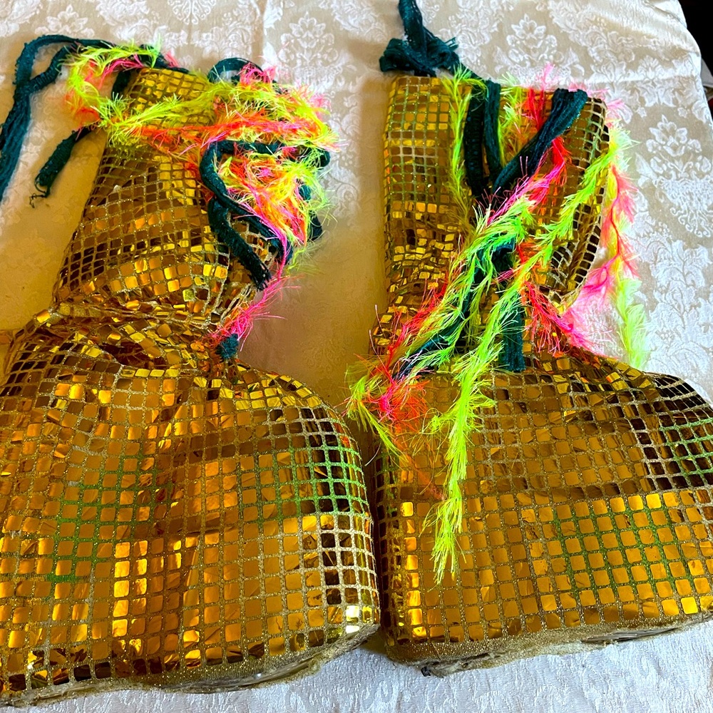 Gold Sequin platform Boots with Neon Fringe